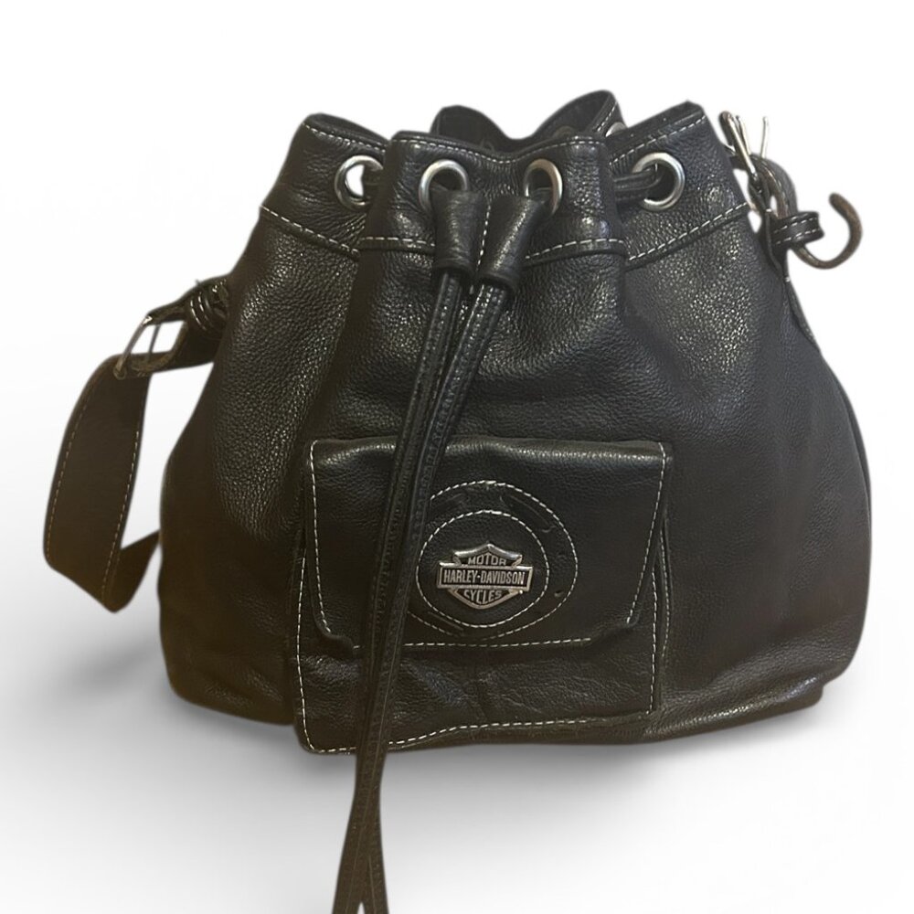 Harley-Davidson Vintage Black Leather Bucket Bag Bikercore Edgy Streetwear Moto‎